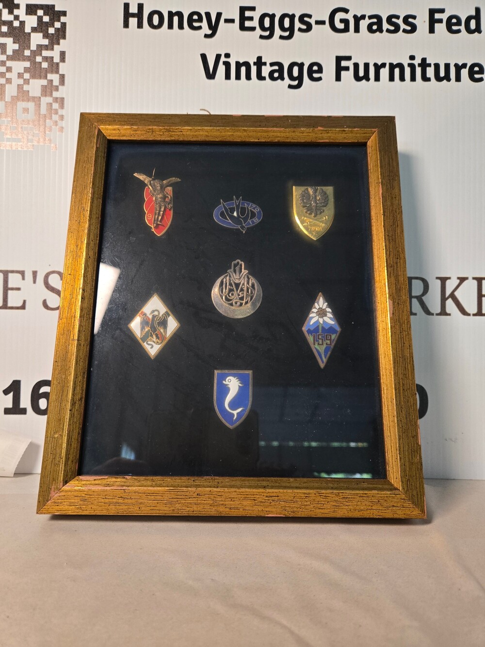 Framed Vintage European Heraldic & Enamel Pin Badge Collection β 7 Pieces